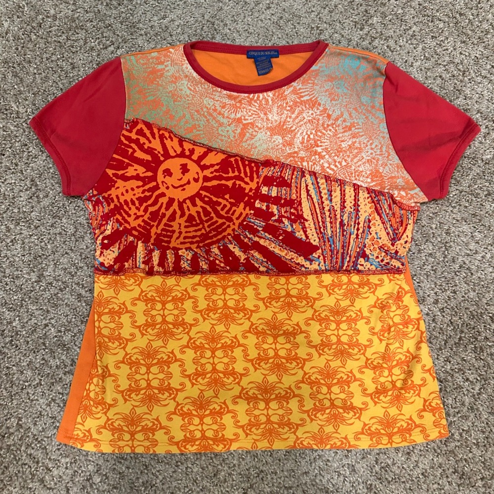 Cirque Du Soleil Woman's XL Orange Red Graphic T-Shirt Sun Print Patchwork
